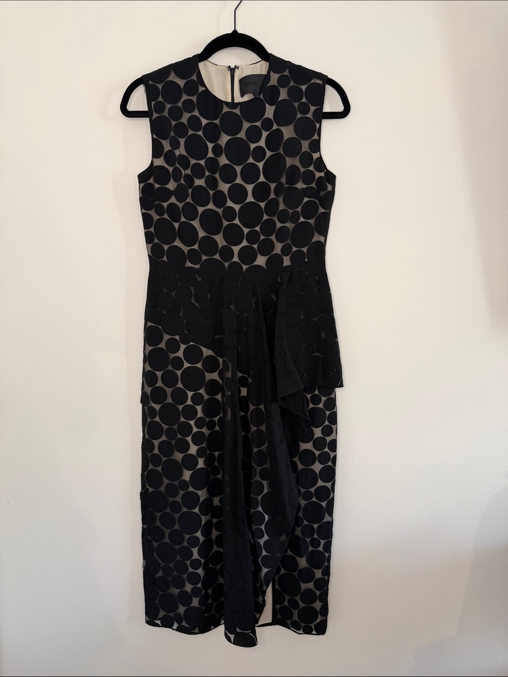 Cushnie et Ochs Sleeveless Black and Taupe Ruffle Polka Dot Midi Dress Silk 6